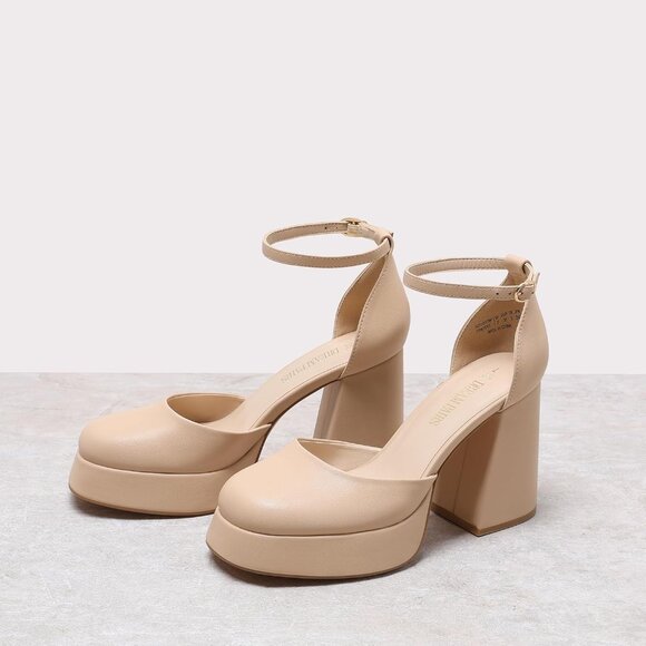 Dream Pairs Nude-pu Polyurethane (PU) Closed Toe Block Pumps Ankle Strap Shoes - Picture 9 of 9